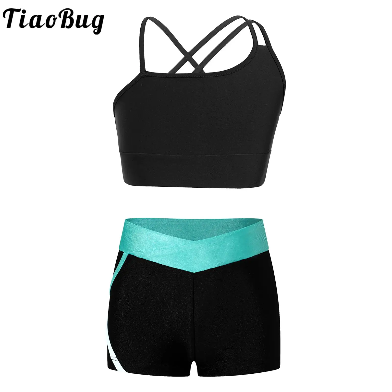 

Summer Kids Girls Sports Suits Asymmetrical Spaghetti Shoulder Straps Strappy Back Crop Top with Low Elastic Waistband Shorts