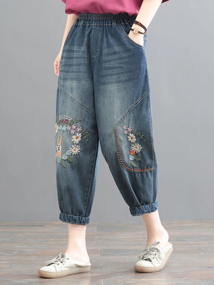 Slimming Cartoon Embroidery Loose Fit Harlan Jeans Women's Summer Faionable Retro plus Size Denim Pants Korean Sle