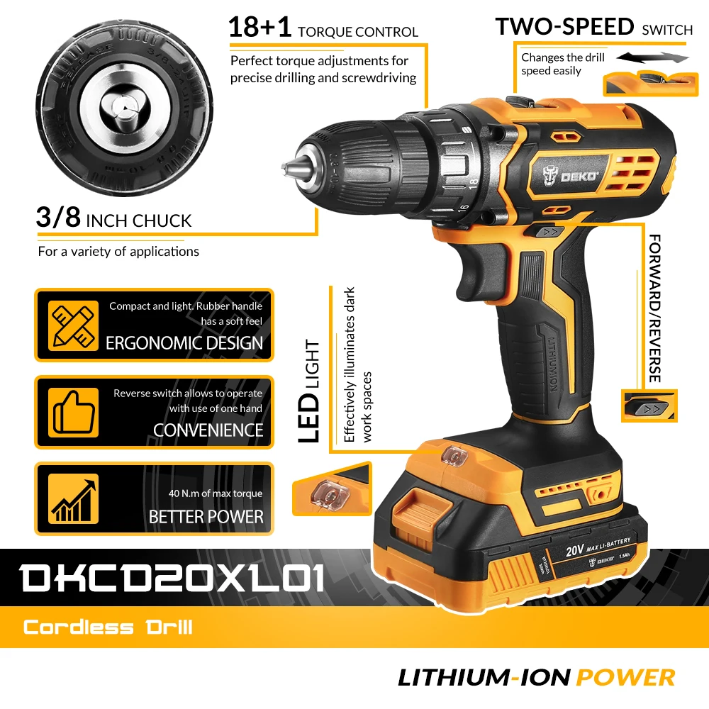DEKO 20V Cordless Drill 2 Speed Rechargeable Electric Screwdriver Lithium Battery Household Multi-function Power Tools 2