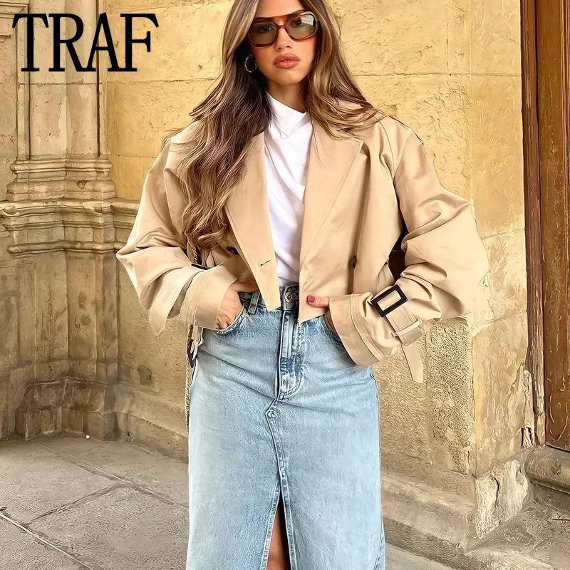 TRAF 2023 Woman Trench Coat Autumn Cropped Trench Coat For Women Long Sleeve Short Elegant Coats Women's Fashion Windbreakers images - 6