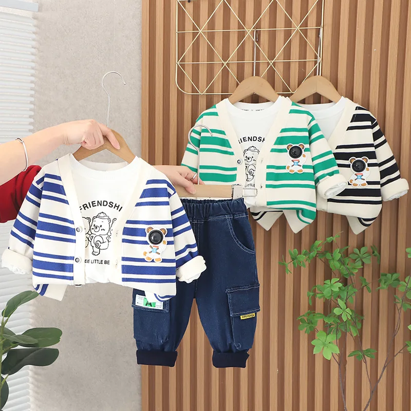 

2023 Korean Spring Toddler Boy 3PCS Clothes Set Space Astronaut Cardigan coat Cotton T-shirt Jeans Pants Suit Infant Boy Outfit