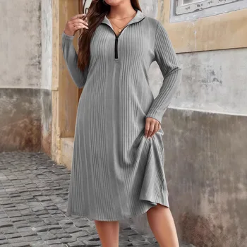 2026 5XL Plus Size Ribbed Knit Dress Women Zipper Front Round Neck Elegant Casual Solid Color Long Sleeve Winter Dress Big Sizes