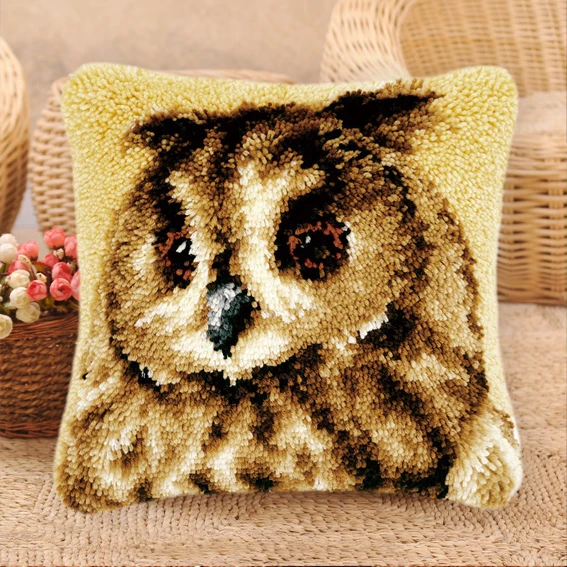 Cat Dog Owl Embroidery Pillow Coarse Wool Hand Knitted Cross Stitch Latch Hook Kit Carpet Material kussen borduren kruissteek images - 6