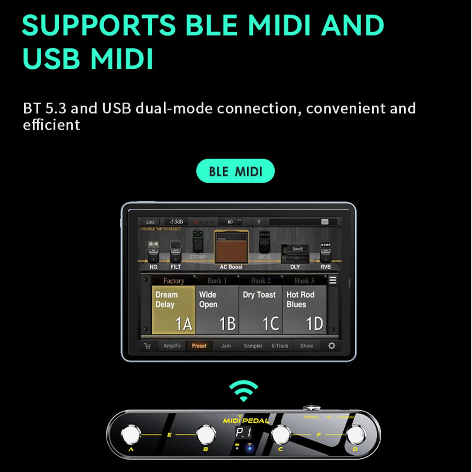 Wireless MIDI Controller Pedal 5 Modes Digital Display 25Hrs USB Footswitch Metal Switch Wireless Receiver for Mixer Electric