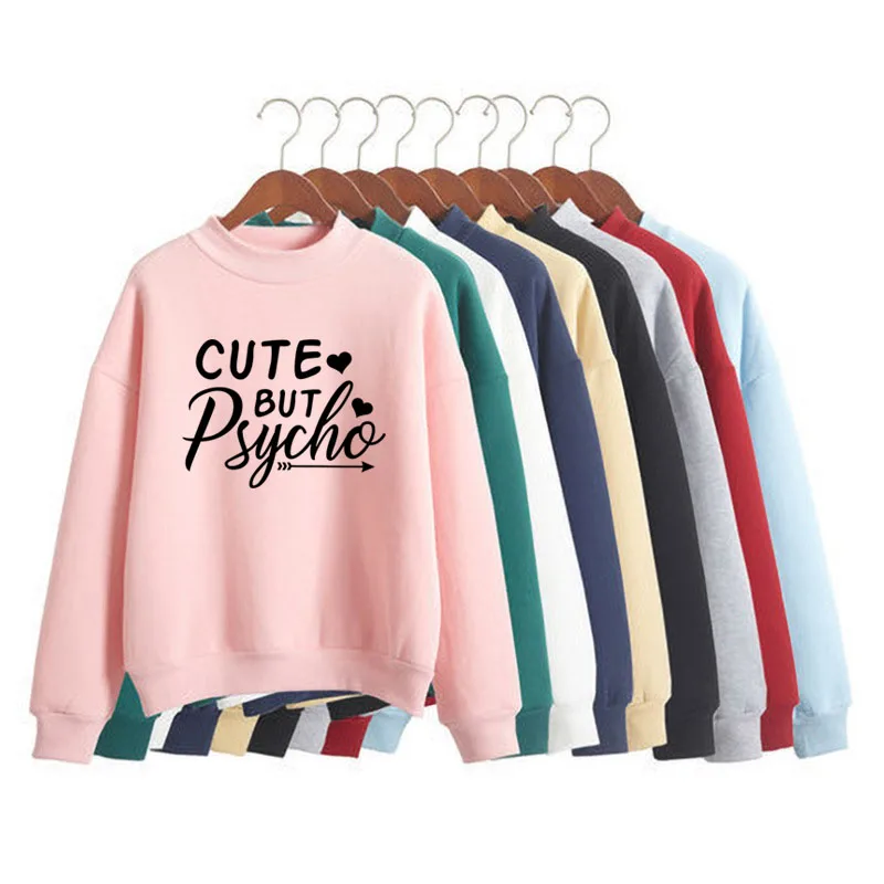 

CUTE BUT PSYCHO Print Woman Sweatshirt Sweet Korean O-neck Knitted Pullover Thick Autumn Winter Candy Color Loose Women Clothing