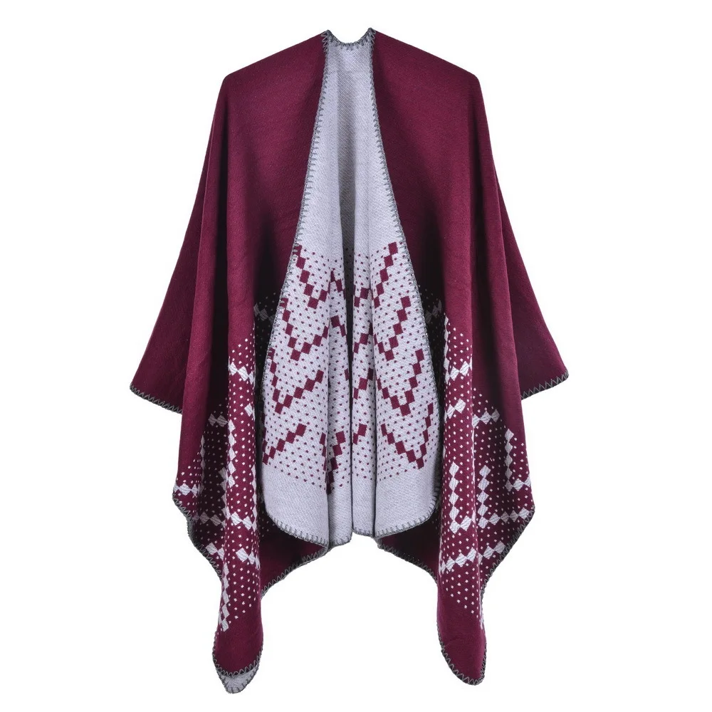 Autumn Winter Geometric Pattern Knitted Shawl Women's cloak Warm Scarf Fashion Street Poncho Lady Capes Wine Red Cloaks