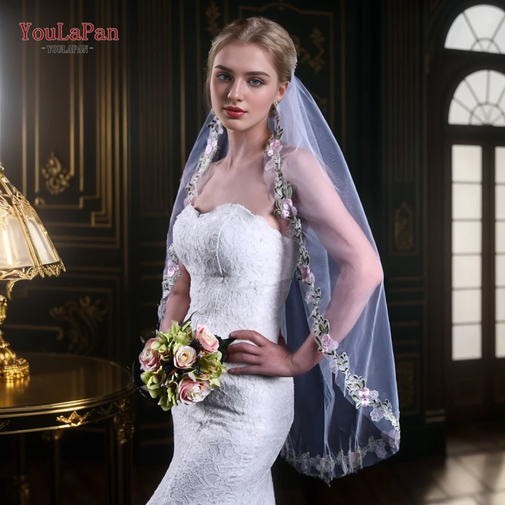 YouLaPan Wedding Veils with Lace Border Trim Elbow Length Lace Bridal Veil with Partial Trim Soft Single Tier Veils V199