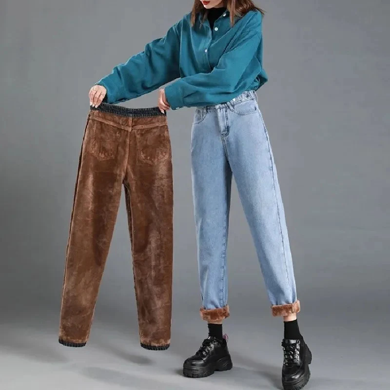 

Women Grey Plus Velvet Jeans Autumn And Winter Warm Pencil Pants Korean Fashion Slim Straight Thickened Denim Trousers New 2022