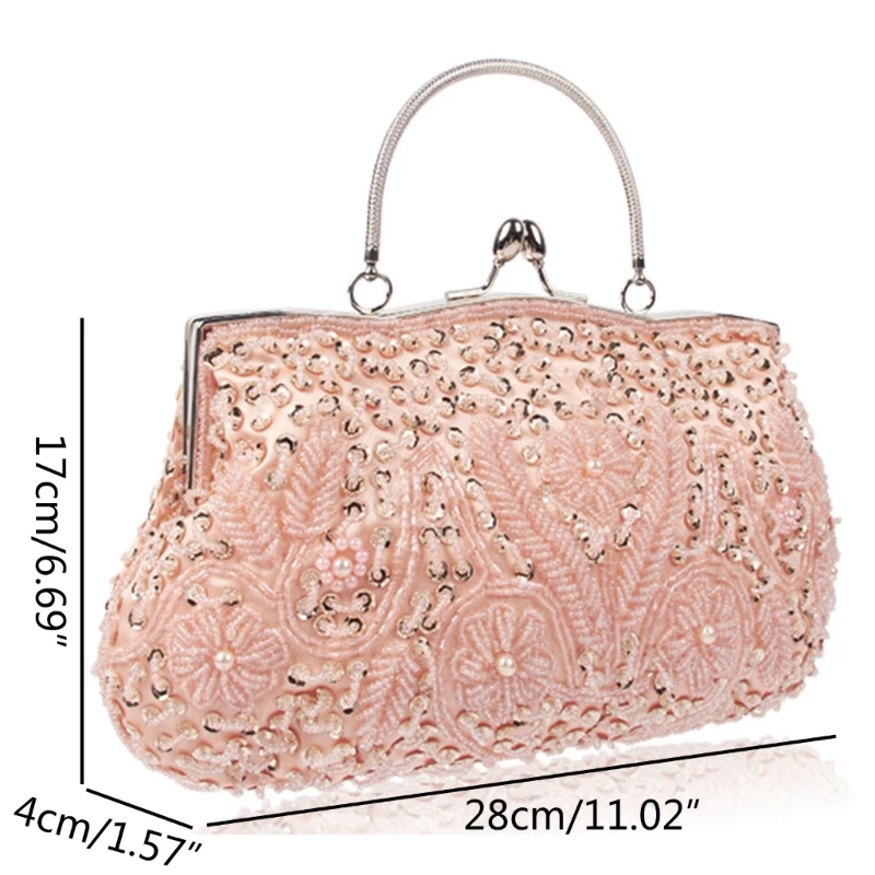 Women Vintage Beaded equin Flower Evening Large Clutch Bag with Handle Wedding Cocktail Party Handbag mall Tote