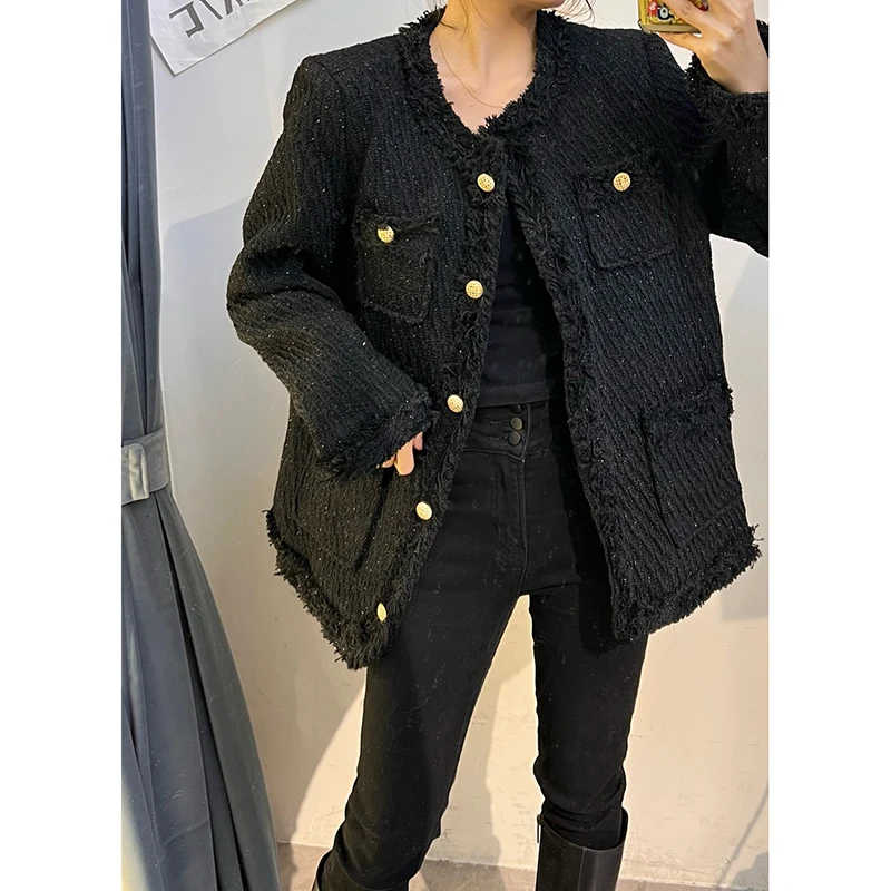 Thick Autumn Winter Tweed Jacket Korean Style Tassel Long Sleeve Outwear 2023 Office Lady Temperament V-Neck Vintage Coat Loose