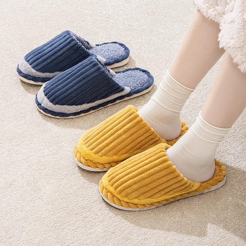 Stripe corduroy home cotton slippers wholesale autumn and winter men women warm cotton drag couple household wool slippers