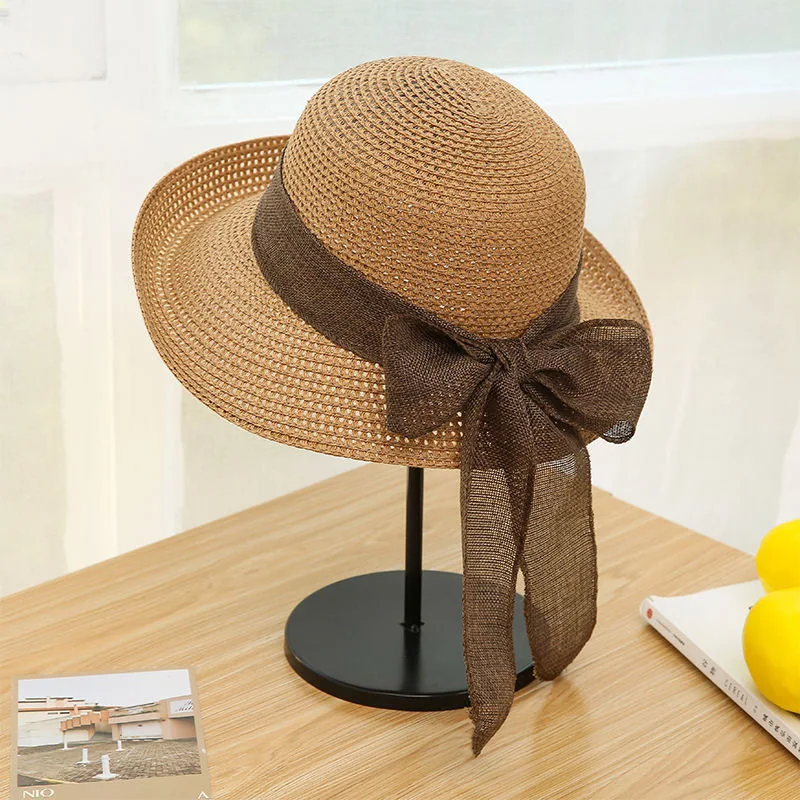 Chapeau pare-soleil de plage à nœud pour femme coréenne, tendance, populaire, en paille, pour les vacances_voghion.com