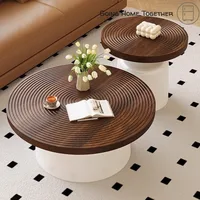 Couverture de table basse ronde imbriquée - Plateau ondulé en noyer avec base blanche - Tables centrales modernes pour salon et décoration intérieure 2