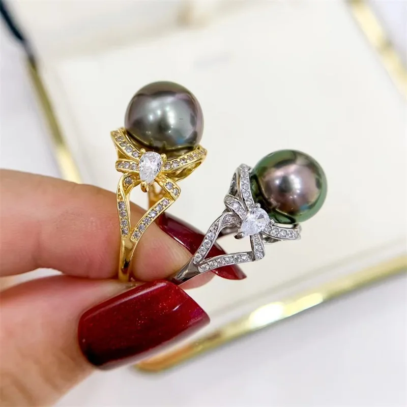 

new HUGE AAAA ++++ 11-10MM ROUND AKOYA WHITE black gold Pearl Ring S925 Sterling Silver Adjustable size gift box