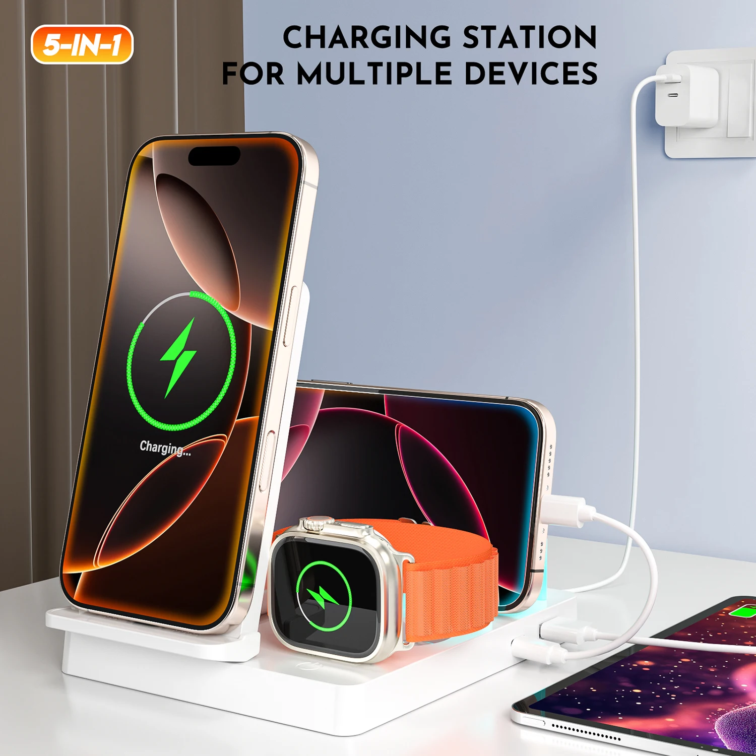 5 in 1 Wireless Charger Desktop Charging Organizer Stand For iPhone 16~12 Pro Max Apple Watch AirPods Pro USB PD Output Charging