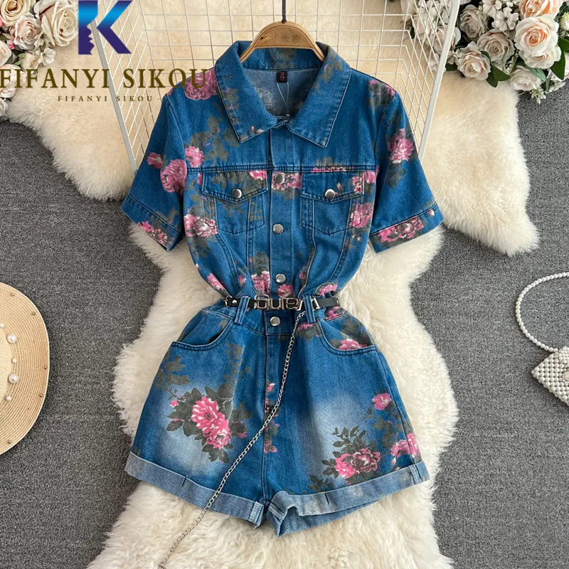 

Floral Print Denim Overalls Women High Waist Wide Leg Shorts Pocket Fashion Short Sleeve Jumpsuit Female Casual Summer Playsuits