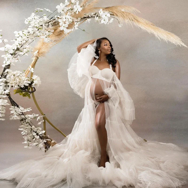 

Charming White See Thr Tulle Maternity Dress Halter Off Shoulder Tiered Ruffles Photography Pregnancy Gown Front Slit BabyShower
