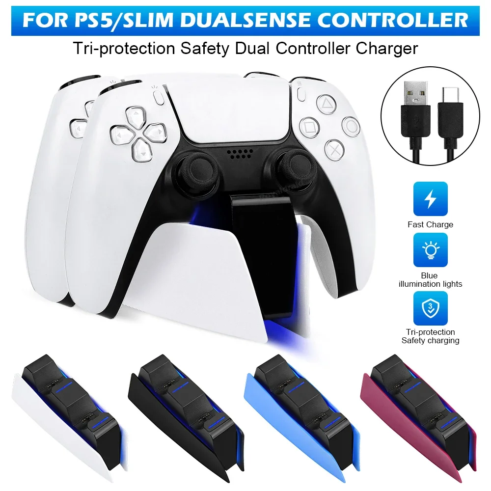PS5 컨트롤러 충전 스탠드 스테이션, 듀얼 고속 충전기 도크, 듀얼 센스 무선 컨트롤러, LED 충전 표시