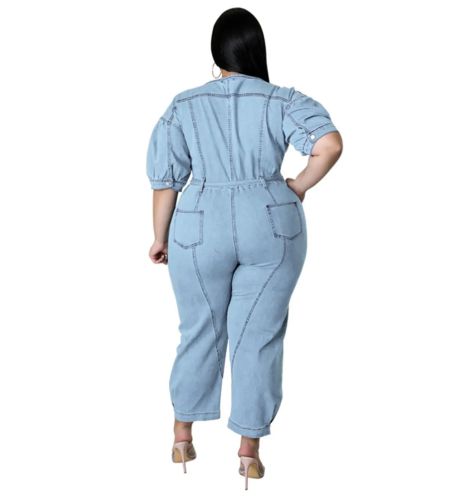 Wmstar Plus Size Jumpsuit Women Denim Zipper Up Sashes Pockets Trousers Stretch Straight Bodysuit 2022 Wholesale Dropshipping