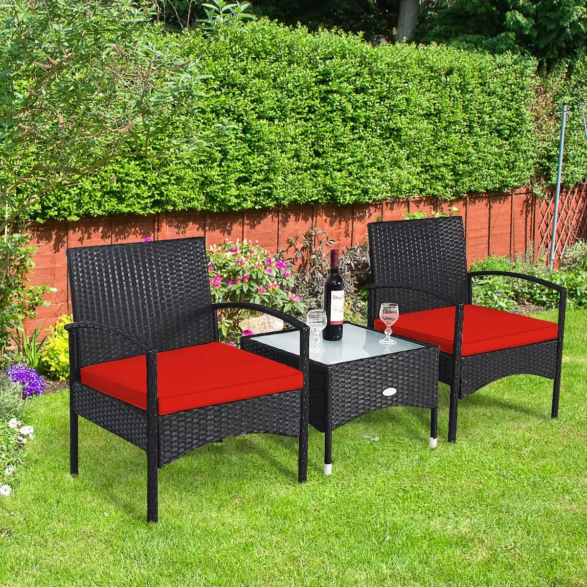 3 Pieces Patio Furniture Set Outdoor Conversation Set Rattan Wicker Bistro Set with Glass Coffee Table & Soft Cushions