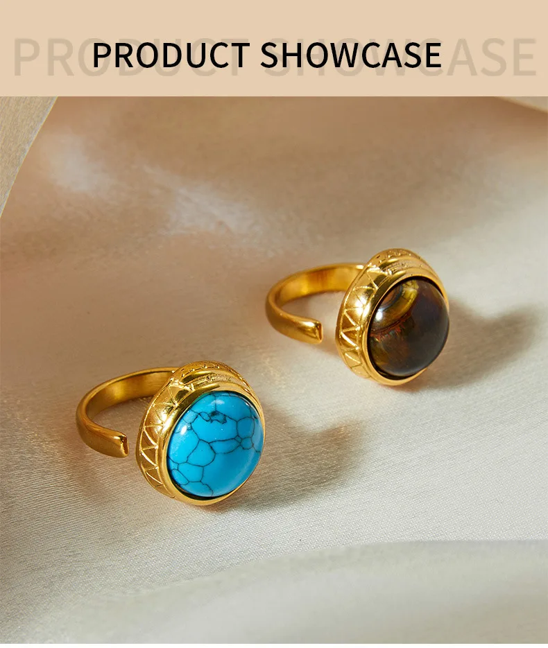 Natürlicher türkis farbener Vintage-Ring Damen Edelstahl vergoldet offener runder Ring weiblicher Modeschmuck Geschenk – Detail 7