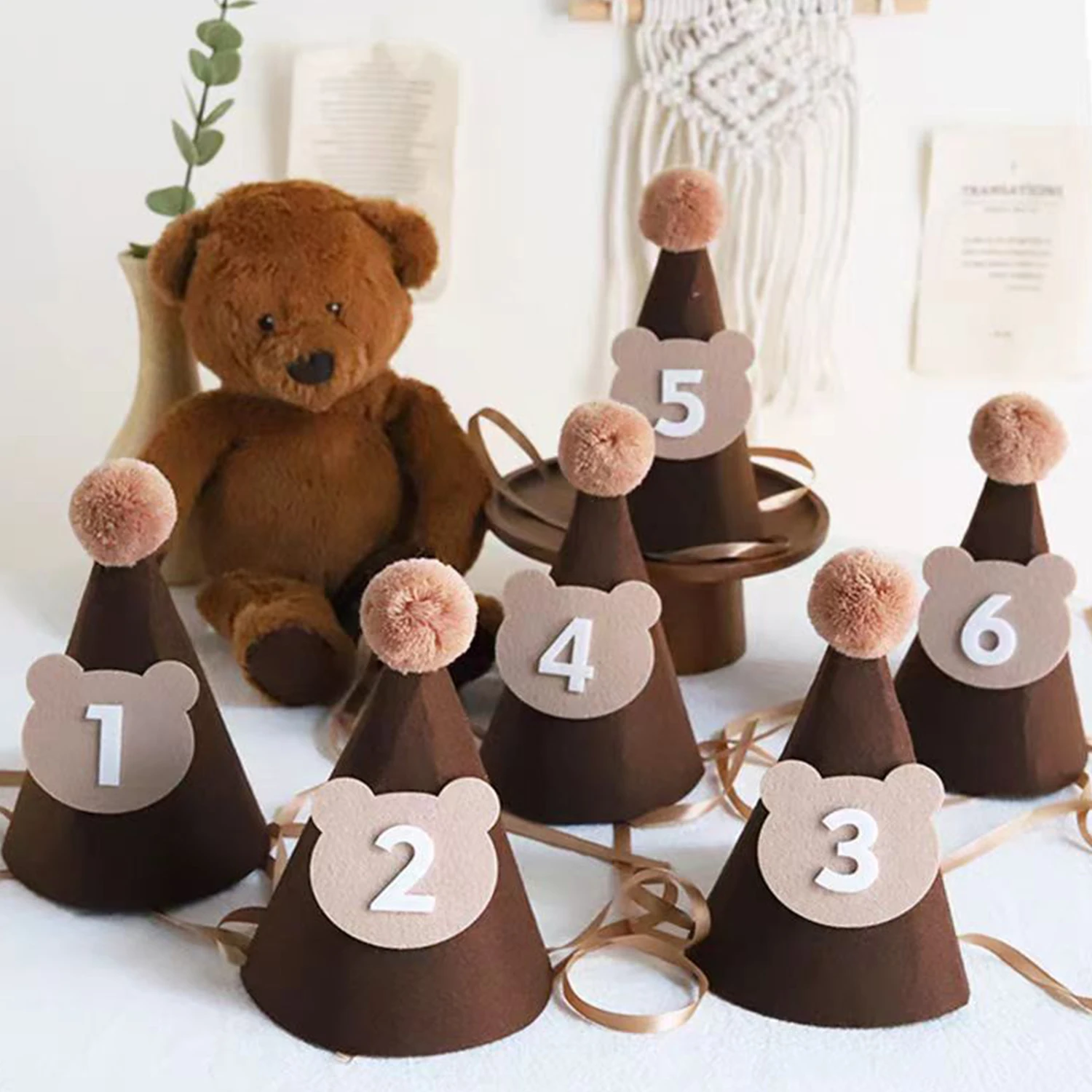 Birthday Hat Kids Brown Coffee Bear Hat 1st 2nd 3rd Year Old Baby Cap The First One 2 3 Year Birthday Party Supplies Photo Props party hat
