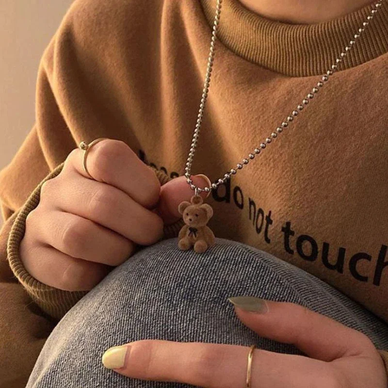 Fashionable Cute Plush Bear Pendant Necklace Women Korean Style Cute Little Bear Earrings for Women Girls Party Jewelry Gift