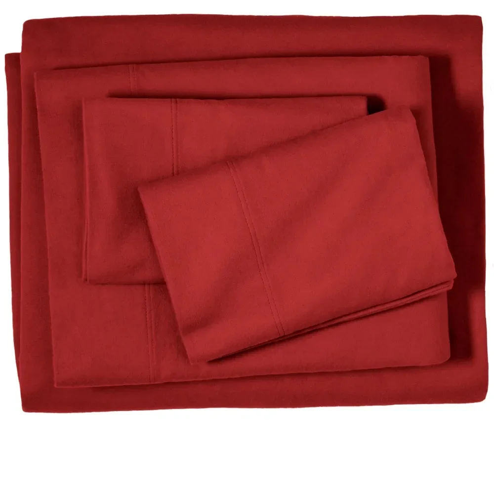 

Набор из 4 простыней из 100% хлопка и фланели с глубоким карманом и 2 бонусными наволочками (красные)