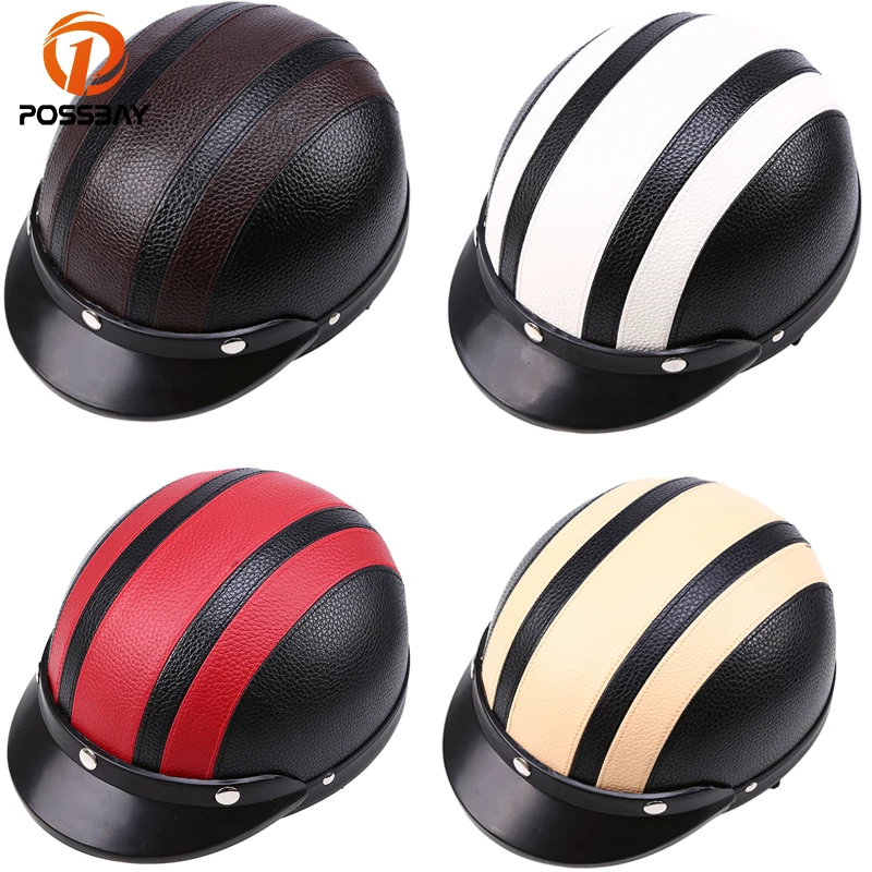 

POSSBAY Leather Motorcycle Helmets Motocross Vespa Open Face Half Motor Scooter Helmets Visor Goggles Motocross For Cafe Racer