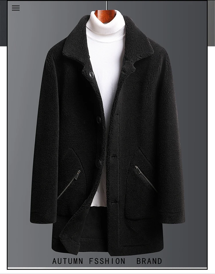 Description Picture 4 of item2023 High quality fashion with handsome medium long fur one double-sided coat Lamb wool wool trimmed woolen coat  Polyester