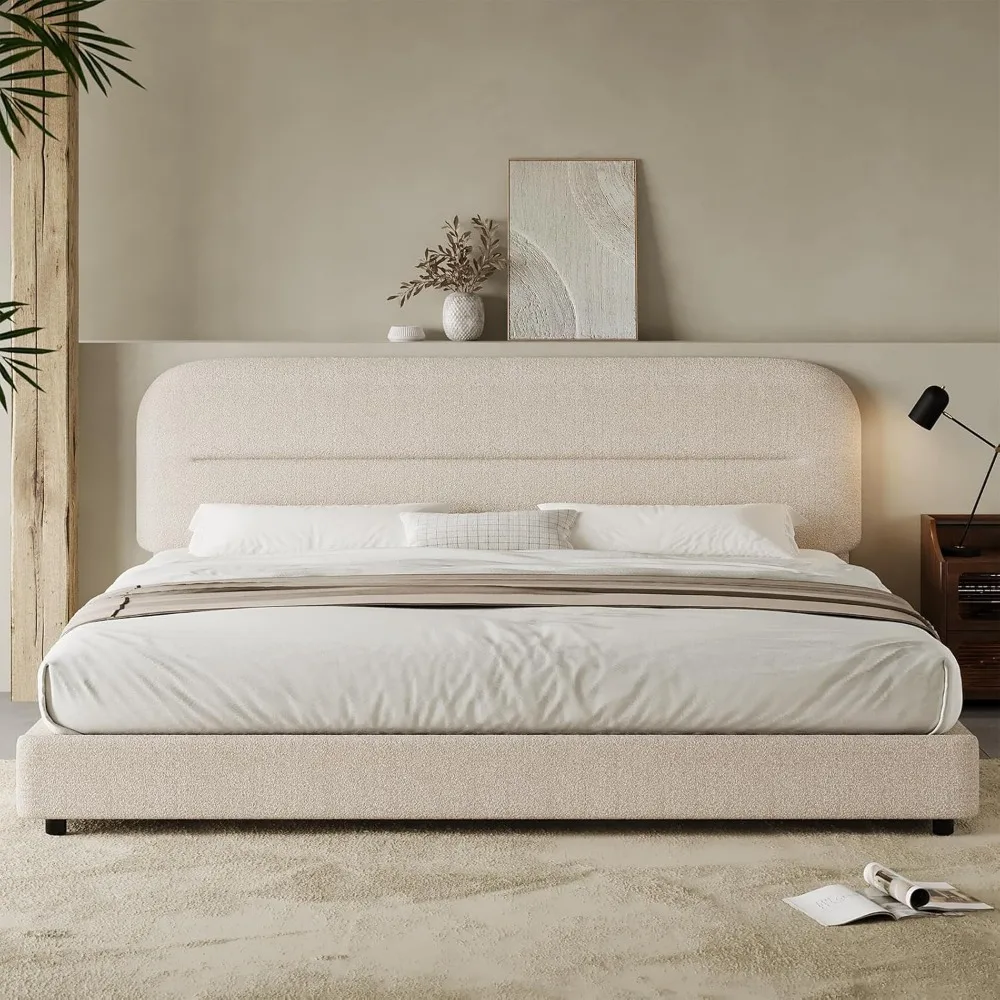 King Size Boucle Bed Frame, Upholstered Cloud Beds Frames with Headboard, Soft Platform Bed Frame with Thickened Footboard 2