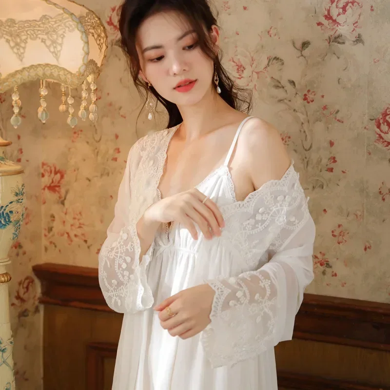 

2024New Women's Long-sleeved Nightgown Chest Pad Slip Cotton Court Style Pajamas Net Gauze Morning Gown Sexy Wear Home Dress Set