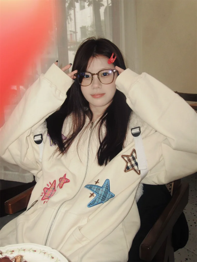 

Cotton Graphic Embroidery American Retro Zip-up Hoodies Women Spring Autumn Lovers Loose Streetwear Harajuku Sweatshirts Top