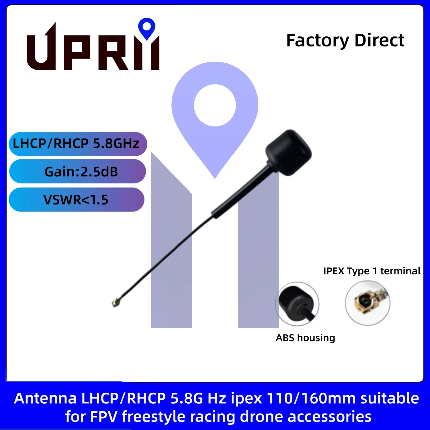 Antenne FPV 5.8G 160mm IPEX LHCP, gaine thermorétractable, montée sur drone.