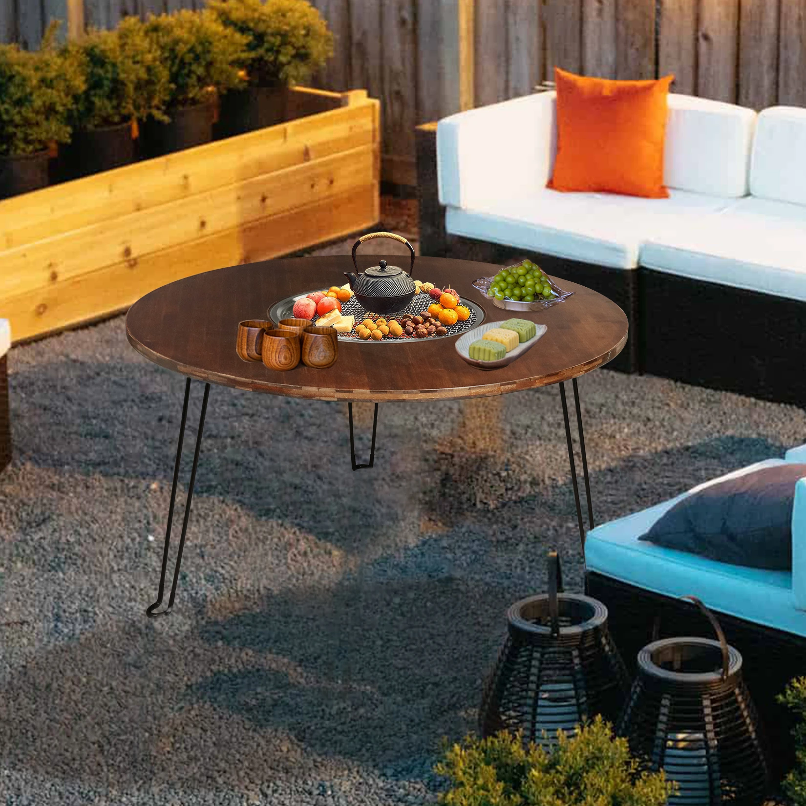 Fire Pit Table:&rdquo; Round Large Dining Table Foldable Party Table with Charcoal Grill and BBQ Picnic Tray for Outdoor Camping