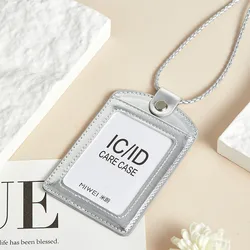 Braided Leather Lanyard with Nameplate Necklace and ID Card Holder - Elegant Business Office Accessory (Silver)