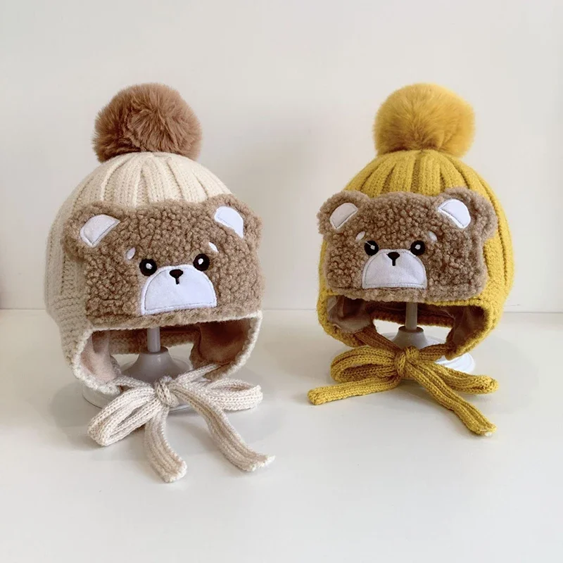 

Winter Baby Knitted Hat Lamb Wool Toddler Kids Cute Bear Thick Warm Outdoor Boys Girls Ear Protection Double layer insulation