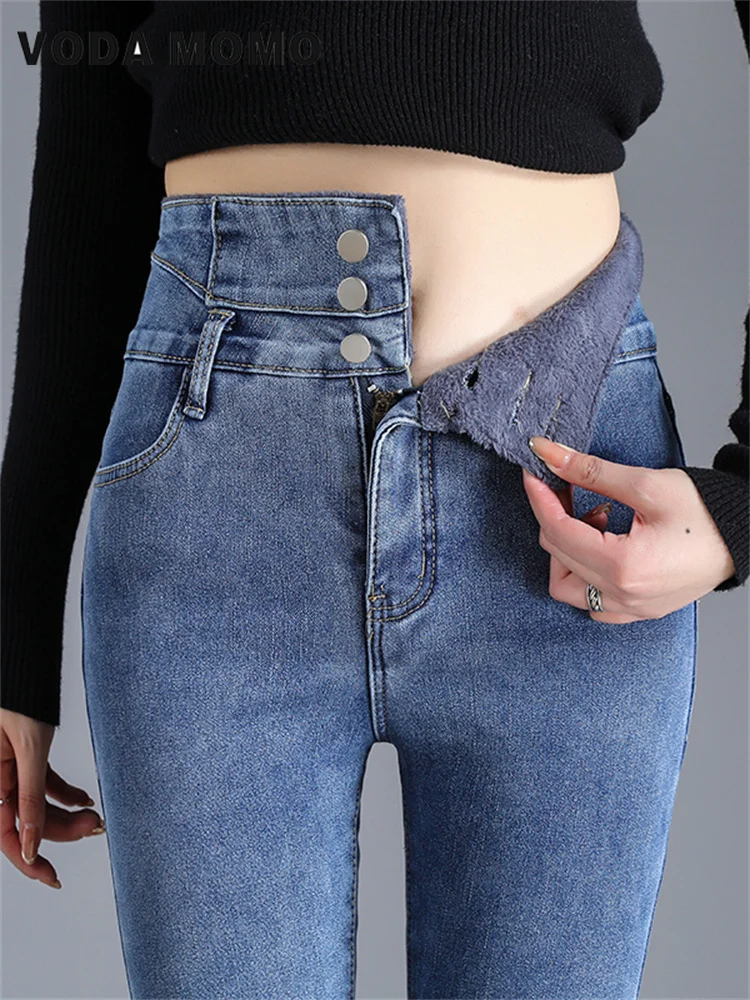Caldo Peluche Slim Stretch Jeans A Vita Alta Lady Skinny Addensare Denim Pantaloni Retrò Pantaloni Skinny Donna Jeans Termici Neve Invernale