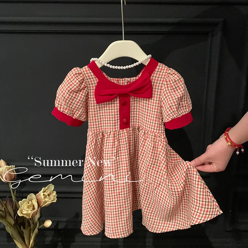 

Girls Summer Short Sleeve Dress New Children's Preppy Style Plaid Princess Dress Baby Girl Fashionable Skirt