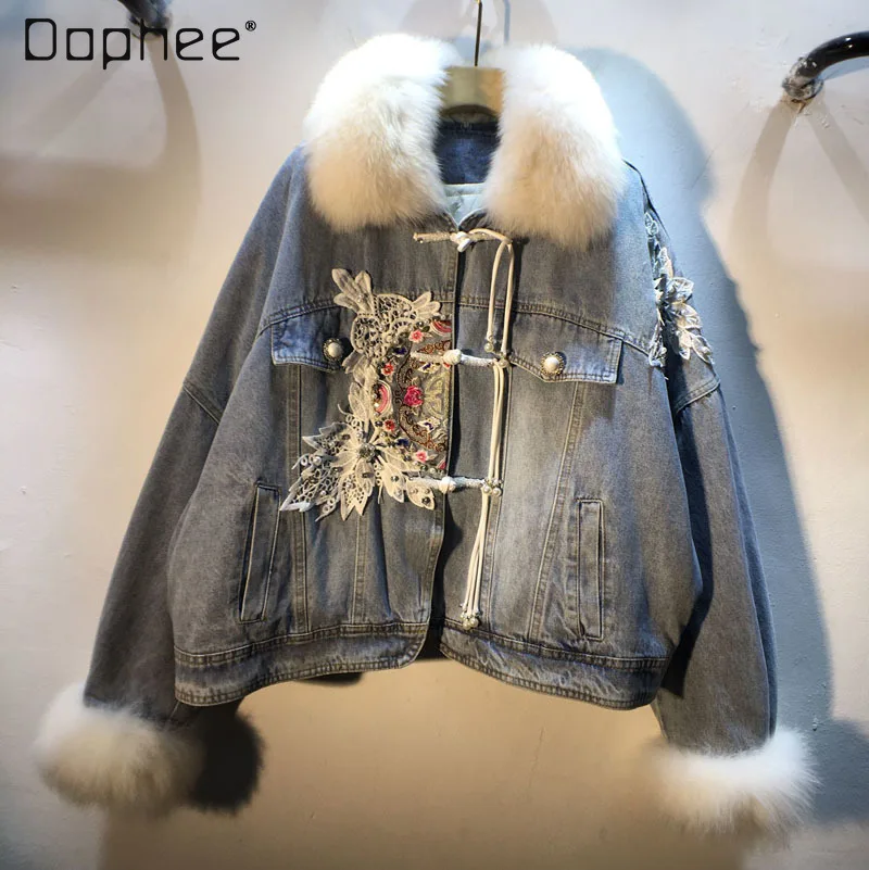 

Vintage Fashion Winter Jacket Women Patchwork Diamond Beaded Lace Genuine Fur Collar Loose Slim Quilted Denim Coat Female