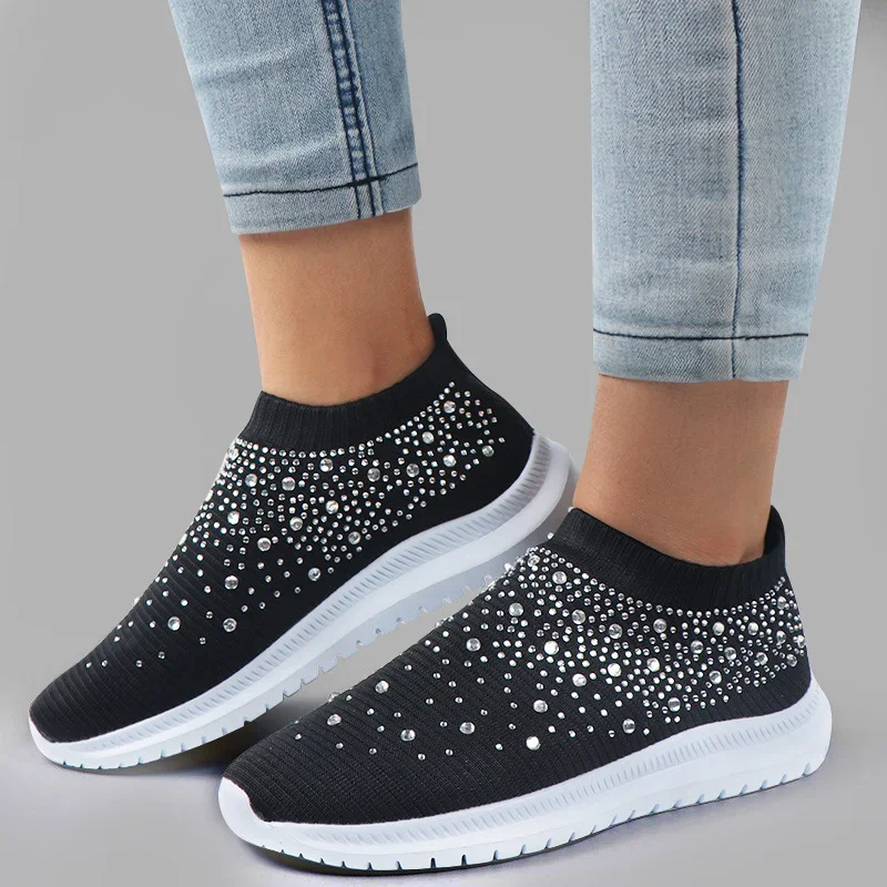 

Large Size Rhinestone Elastic Sock Shoes, Casual Men's and Women's Sports Shoes, MD Sole Fly Woven Breathable Lightweight Shoes