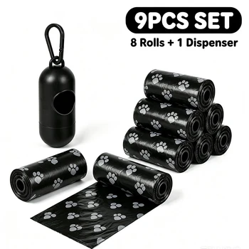 Set di 8 Rotoli di Sacchetti per Escrementi di Cane con 1 Dispenser, Sacchetti Impermeabili e Resistenti per Rifiuti di Animali Domestici, Accessori per Viaggi e Pulizia all'Aperto per Cuccioli