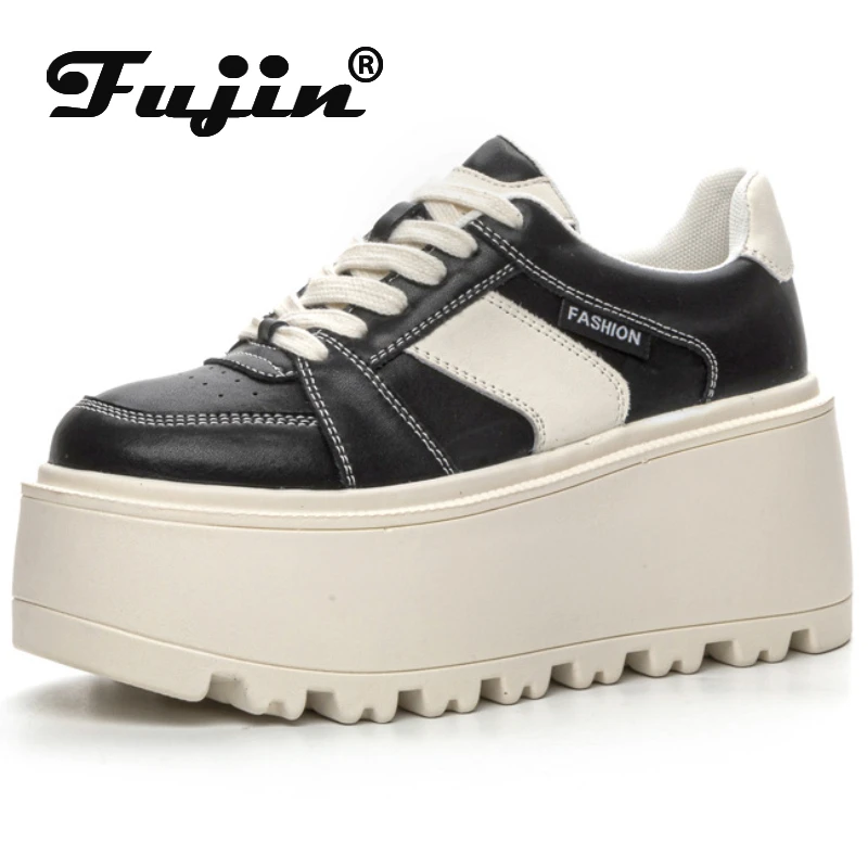 

Женские кроссовки на платформе Fujin, повседневные весенние кроссовки из натуральной кожи на платформе 8 см