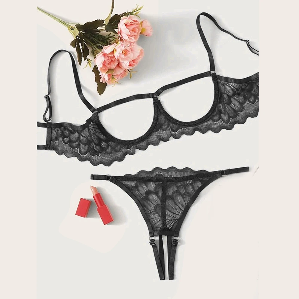 Women's Sexy Lingerie Sexy Two Piece Suit Hollow Panties Lace Underwear Open Crotch T-Back Set Hot Bikini Underpants