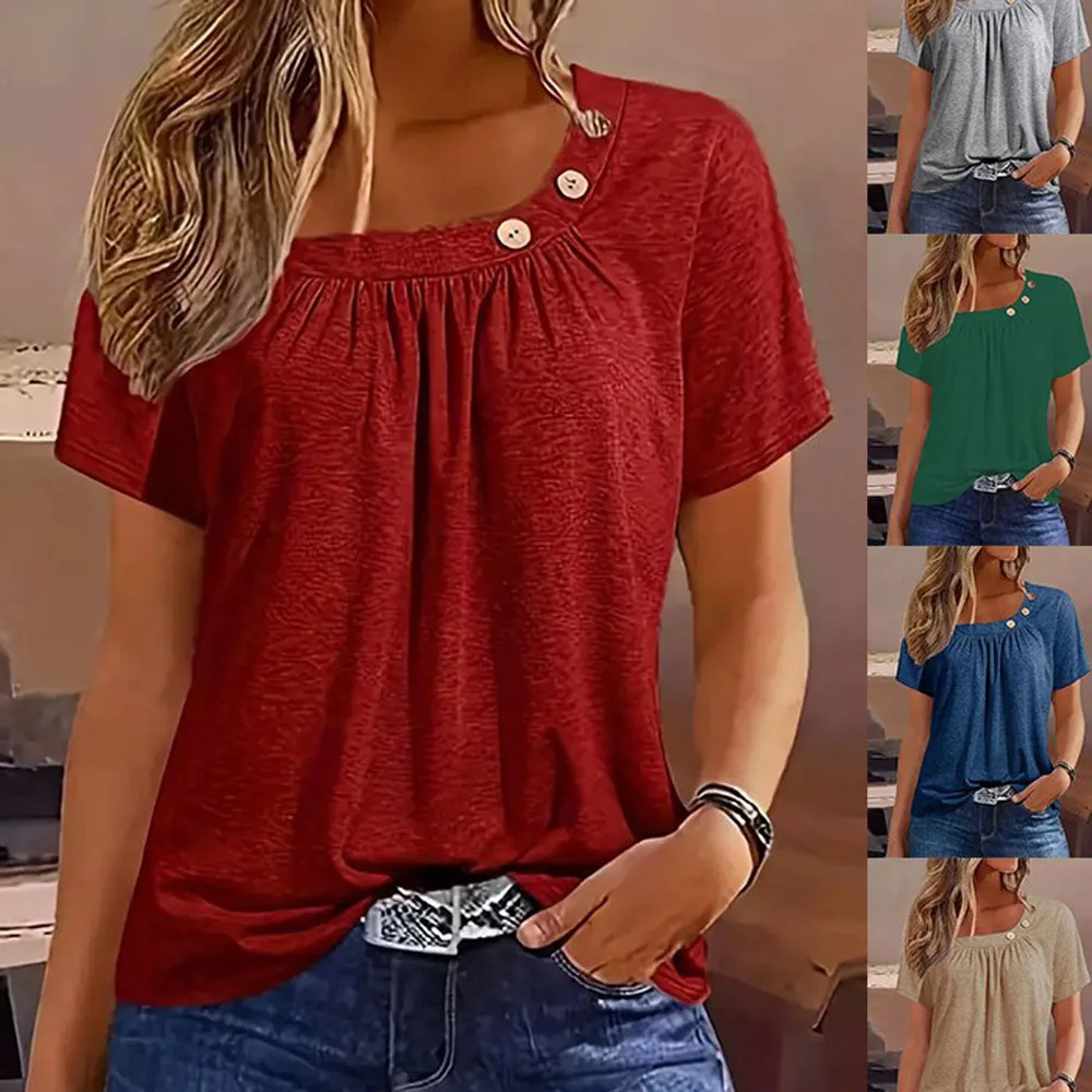 Summer Women Loose Fit Short Sleeve Pleated Tshirt Tops