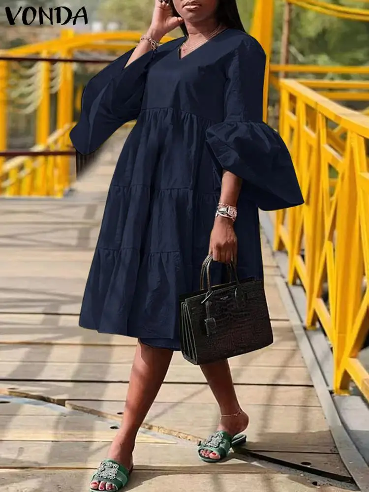 

2024 VONDA Fashion Solid Midi Dress Women Summer 3/4 Flare Sleeve Pleated Vestidos Bohemian Casual Loose V-Neck Ruffled Sundress
