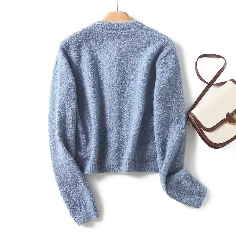 

Withered Autumn French Fashion Elegant Knitted Cardigan Jacket Single Breasted Blue Simple Knitted Coat Women