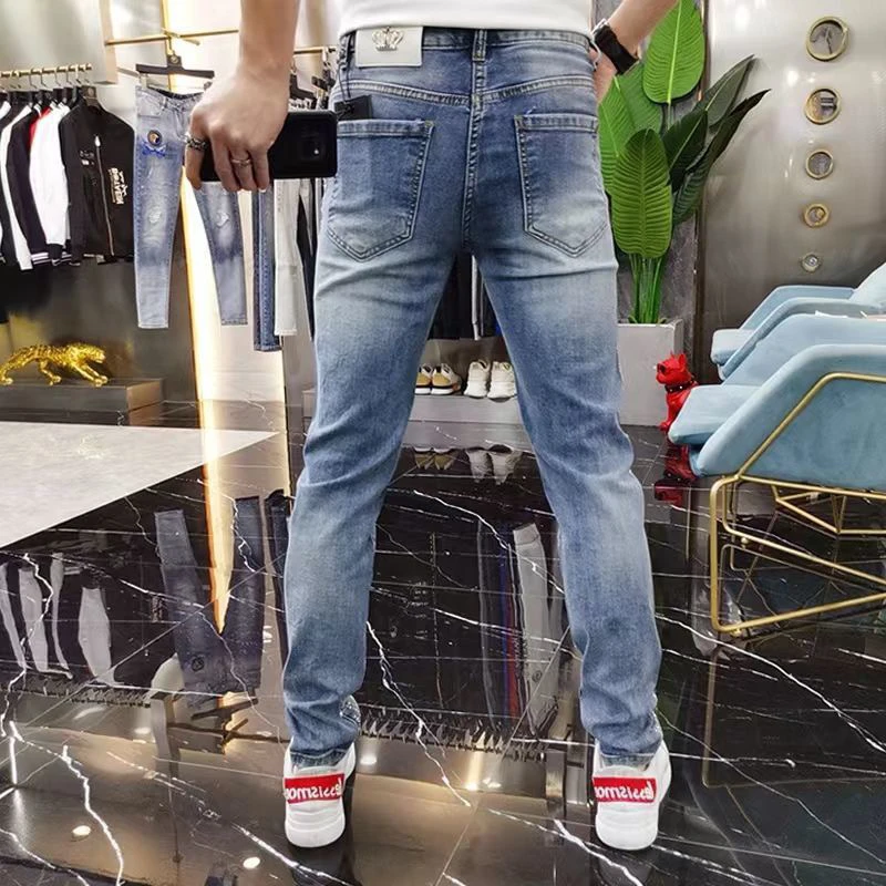 Bag Diamond Letter D Embroidered Jeans Men's High Street Vintage Feet Tight Luxury Pants Gold Silk High Elastic Reflective Slim