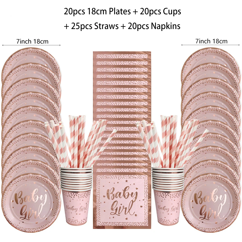 Description Picture 2 of itemGirls Baby Shower Decoration Rose Gold Baby Girl Paper Plates Cups Napkin Girls 1St Birthday Party Disposable Tableware Supplies