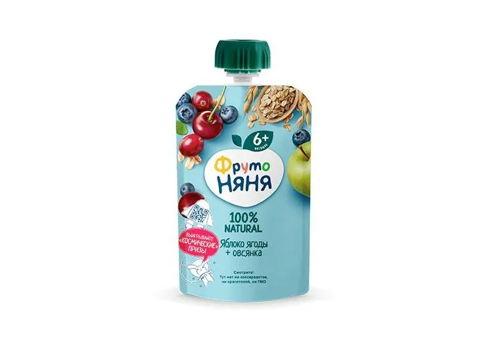 Пюре ФрутоНяня из яблок и ягод с овсяными хлопьями 6 мес. 90 г (пауч) |